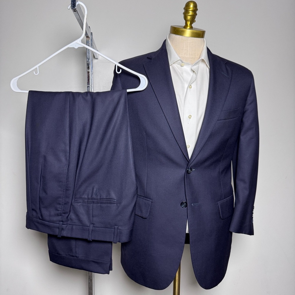 Tom James Suit Mens 38S W30 Navy Blue Solid Two Button Wool Corporate Image